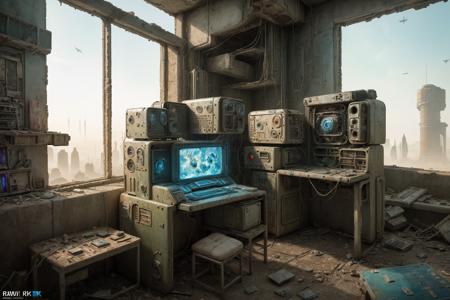 (RAW photo, best quality, science fiction, photo realistic:1.2), (intricate details, dystopian retro-futuristic computer in ruins, highly detailed, 8k, Natural light, POV (point of view)