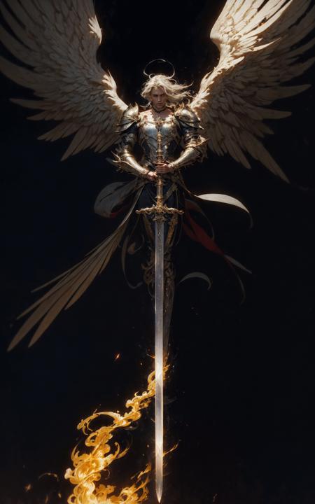 angel,Super powerful flame angel flies out of the clouds, behind him is golden meteor magic surrounding his body, Gothic style, gorgeous golden armor, huge flame great sword, rich background, sword art background, film shooting, depth of field, Super visual, Super visual ,
(exposed shouldersbare shoulders:1.1)Flamboyant armourAngel wings. Huge angel wings
<lora:~Q?-]RQY'Y)OV2 angel:0.8>