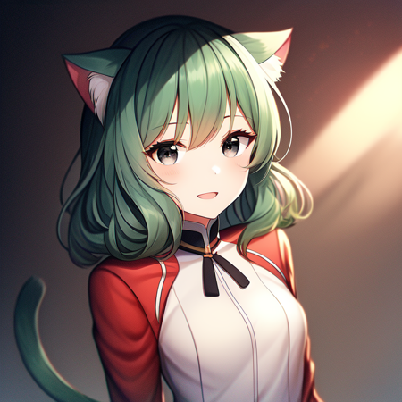 portrait, (solo, 1girl), day time, flat chest, (Black eyes), medium hair,(Green hair) curly hair, (Light Red military uniform), bedroom background, best quality, 1girl, cat tail, cat ears, smirk, open mouth, (anime, waifu, new, newest:1.2), (exceptional, best aesthetic, new, newest, best quality, masterpiece, extremely detailed, anime, waifu:1.2)