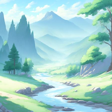 anime rendition of Peaceful river valley, serene scenery, epic landscape (RiverValley style:1) <lora:djzRiverValley:0.8)