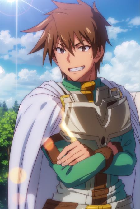 rance, <lora:rance-lora-nochekaiser:1>,
rance, brown hair, (brown eyes:1.5), male focus, smile, grin,
BREAK cape, armor, bodysuit, green bodysuit,
BREAK outdoors, forest, nature, sun, sky, clouds,
BREAK looking at viewer, (cowboy shot:1.5),
BREAK <lyco:GoodHands-beta2:1>, (masterpiece:1.2), best quality, high resolution, unity 8k wallpaper, (illustration:0.8), (beautiful detailed eyes:1.6), extremely detailed face, perfect lighting, extremely detailed CG, (perfect hands, perfect anatomy),