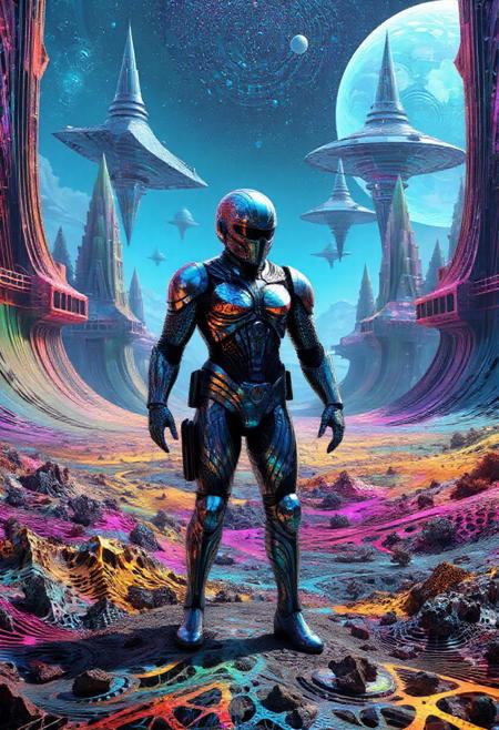 A soldier in high-tech armor standing on an alien battlefield, made out of fractangles, with massive starships in the background.
