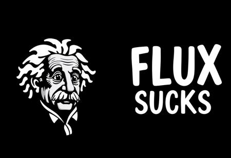 lego einstein portrait on the left, with dark background, black and white, white letterings on the right saying "FLUX SUCKS"