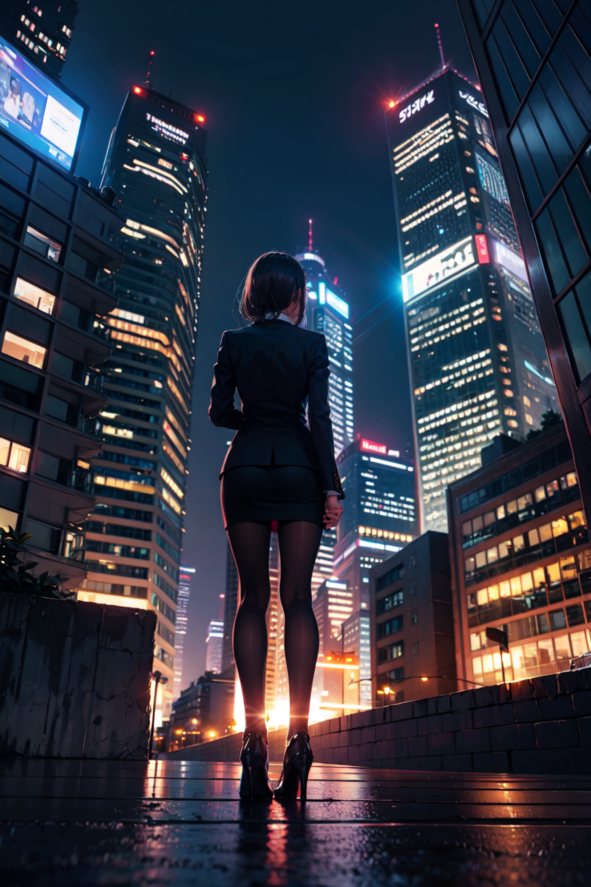 scenery, night, city, building, solo, cityscape, city lights, standing, science fiction, 1girl, outdoors, from behind, dar...