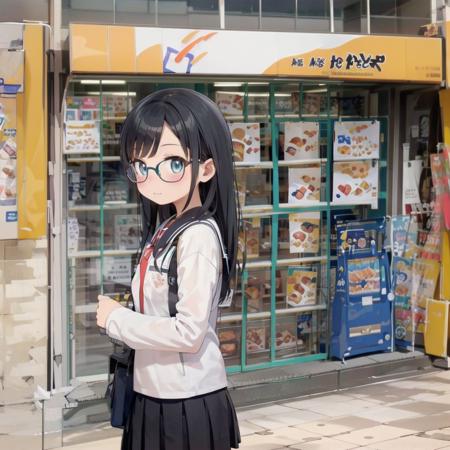 best quality, ultra-detailed, illustration,
1girl, glasses, black hair, long hair, school uniform, school bag, blush, looking at viewer,  
kamadoya, storefront, scenery, poster (object), shop, food, tiles, tile floor, outdoors, sign, 
 <lora:kamadoya_SD15_V1:1>