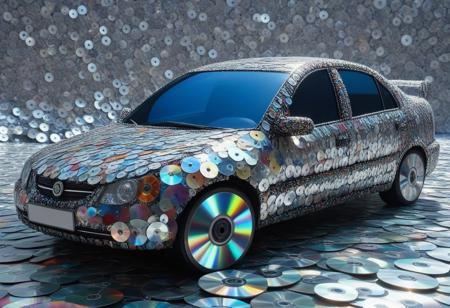 award winning photo an old car made of cd's, decoratrd with cd's, detailed backgroung, vibrant colors,  <lora:CDs_SDXL:1> . 3