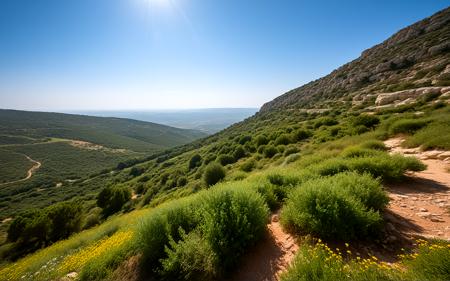 wide shot,A bright summer midday in the Ajloun Nature Reserve, featuring lush greenery and vibrant wildflowers under a clear blue sky, sunlight casting sharp shadows on the rocky terrain, highlighting the region's natural beauty and tranquility,, sweeping landscapes, unique perspectives, epic scale, revealing hidden beauty, showcasing vastness, immersive experience, precise compositions, expert piloting, dynamic angles, cinematic storytelling, showcasing natural wonders, aerial exploration