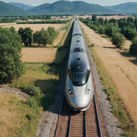 A image of A sleek, high-speed train effortlessly gliding along the tracks, cutting through the countryside like a blade. Captured in HD on a hassleblad