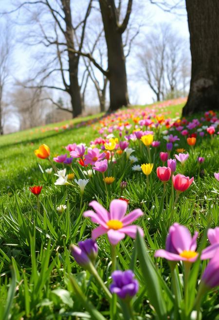 Spring scene. Colorful flowers, green grass, trees