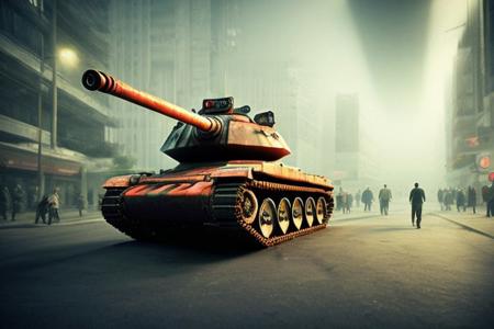tank, 1tank. Dark foggy background, full view, red lights., futuristic city street. street lights.