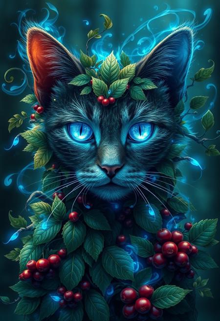 "Create a photorealistic image of a cat made from the forest itself, with leaves, berries, and enchanted blue fire forming its body. The leaves should be intricately arranged to create a lifelike texture and pattern, with subtle veins and ridges that catch the light. The berries should be plump and juicy, with a deep, rich color that adds depth and dimension to the image. The enchanted blue fire should be woven throughout the cat's body, casting a soft, ethereal glow that seems to pulse with magic. The eyes should be a gorgeous, radiant blue, with a beautiful pattern of lighter and darker shades that seems to shimmer and shine like the stars. A delicate, swirling pattern of leaves and vines should surround the eyes and body, bringing everything together in a breathtaking and imaginative way. The overall effect should be one of mystical, otherworldly wonder, as if the cat is a living, breathing embodiment of the forest itself." Highest-Quality, 4k, intricate details, visually stunning, Masterpiece