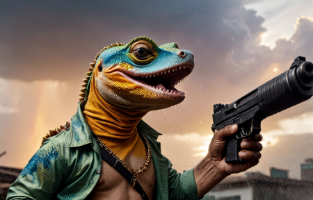 hyperdetailed photography, (foreshortening), Dutch angle shot, near death experience, emotional, heavy rain, (anthropomorphic gecko as Cuban guerilla), wearing Hawaiian shirt, holding futuristic Kalashnikov , war cry, sunset, anamorphic bokeh, masterpiece shot by Christopher Nolan, action , 16k resolution, ultra realistic, photorealistic <lora:xl_real_beta1:0.55>  , <lora:!action-sdxl-V0.5:0.75>  , <lora:add-detail-xl:0.2>