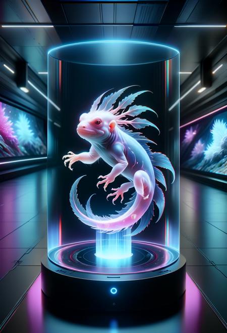 hyper detailed masterpiece, dynamic, awesome quality,hyperrealism,fusion of axolotl,hantu ekor,gorilla ,  on a DonMH010D15pl4yXL holographic display <lora:DonMH010D15pl4yXL-000008:1>