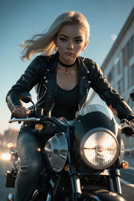 ((masterpiece)),(highres), original, (extremely detailed 8K wallpaper), (beautiful and clear background:1.4), (depth of field:0.5),award winning,(Surrealism:1.5), lens flare,shade, backlighting, depth of field, natural lighting,   hard focus, film grain, photographed with a Sony a9 II Mirrorless Camera, by Laurence Demais, blurry background,
a lovely girl on motorcycle,detailed face, face focus, xuer future motorcycle,