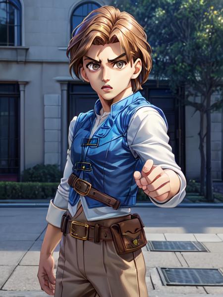 best quality, masterpiece, highres, detailed, realistic, <lora:Detail - add_detail:0.2>,  <lyco:Change - FlynnClothes-09:0.8>, FlynnA, blue vest, utility belt, beige pants, white shirt,   <lora:Character - JoJoHayato:0.7>, JojoHayato, brown hair, brown eyes, jojo pose, serious,