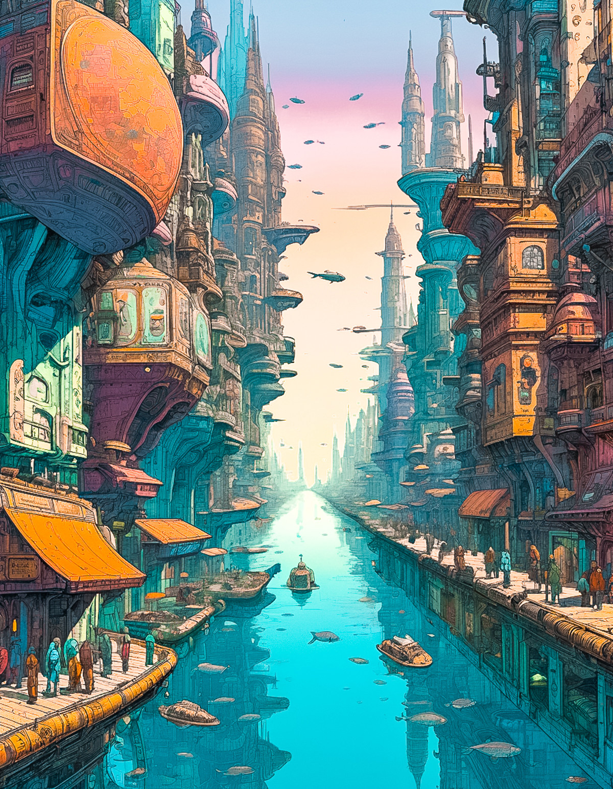 moebius,bilal inspired euro sci-fi art a bustling underwater city with different city sections reflecting varying technolo...