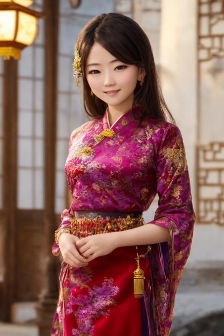 Masterpiece, highest quality, 8k, hdr, (head to toe:1.4), RAW digital establishing shot of a stunning well-endowed young chinese woman standing proudly, smiling mysteriously at viewer, expensive traditional clothes, hair adornments, discrete jewelry, imperial city, intricate details, at dusk, lighting from lanterns and sunset coming from outside the frame, realistic lighting, dynamic colors from lighting, hyperrealistic