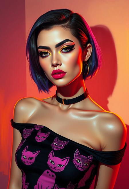A rebellious model with sharp features adorned with gold make-up and black eyeliner with lavander bob cut. A black off-shoulder top with a pink cats print pattern and choker. She posing in a vibrant, vivid color palette setting with ambient lighting, her expression calm and composed. The scene is painted in Patrick Nagel's painting style, with rich, smooth brushstrokes and a soft, warm color grading. The lighting is soft and diffused, creating a gentle glow around her. ArcaneFGTNR, Niji Stan Katayama Style, cyb3rp0p
