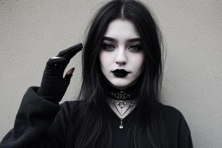 Teen brunnete nordic goth girl | tattoo | dark | Adult | On street | High quality | gothic makeup | realistic | informal | cute girl | bob cut hair | choker | solo | black hair | A mysterious look | piercing | black gloves | Full height