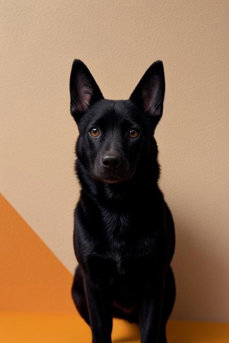 A close-up minimalist illustration of a black dog with striking yellow-orange eyes peeking from behind an orange wall. The artwork features smooth, clean lines and a subtle texture, emphasizing the cat's playful expression. The creamy beige background complements the orange accent, creating a harmonious and modern aesthetic.