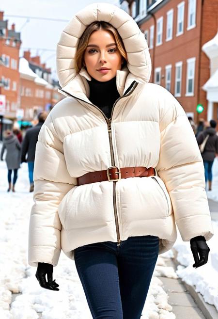 (white Oversized sherpa down coat, white Oversized sherpa puffer coat, white Oversized sherpa winter clothes, very very cold, in cold:1.5), semi-realistic, (full body shot:1.5), (puffer hood:1.5), (boots:1.5), (tight pants:1.5), (belt:1.5), sharp eyelid, eyeliner, eyelashes, beautiful detailed eyes, tsurime, short hair, blonde hair, wet hair, (wet:1.5), blue eyes, messy hair, sidelocks, perfect anatomy, (walking:1.5), (town:1.5), (street, daytime, snow, winter, cold winter, snowing:1.5), detailed background, highres, best quality, olive skin, android 18, mother, milf, solo, perfect eyes, perfect face, masterpiece, best quality, finely detailed beautiful eyes and detailed face, ultra-detailed, anextremely delicate and beautiful, intricate details, lovely lips, delicate facial features, blush, 8k_resolution, smile, hair tucking,
