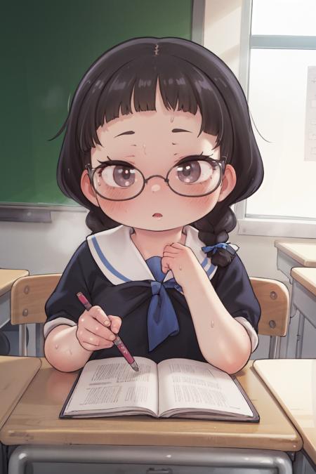 masterpiece, best quality, high resolution, extremely delicate and beautiful,finely detailed eyes and detailed face,ultra detailed, perfect details,
1girl, braid, twintails, blunt bangs, black hair, glasses, blush, brown eyes, school uniform, classroom,