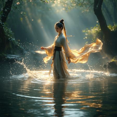A martial artist stands poised on a forest pond at dawn, her amber-lit jedmat gi rippling as cherry blossoms spiral. Low-angle framing captures her dynamic iaido stance: right foot anchored on water’s tension, creating concentric mandala ripples; left leg coiled mid-kick, droplets suspended. KyoAni’s gradient mastery blends celadon mists with sakura-pink dawn light, while Shinkai-esque directional rays carve liquid gold through her mature yellow ponytail. Serenity crackles with potential energy—smirk hints at controlled power, shadows contour battle-ready curves beneath flowing fabric. Water shimmers like fractured obsidian, mirroring the forest’s breathing tranquility.