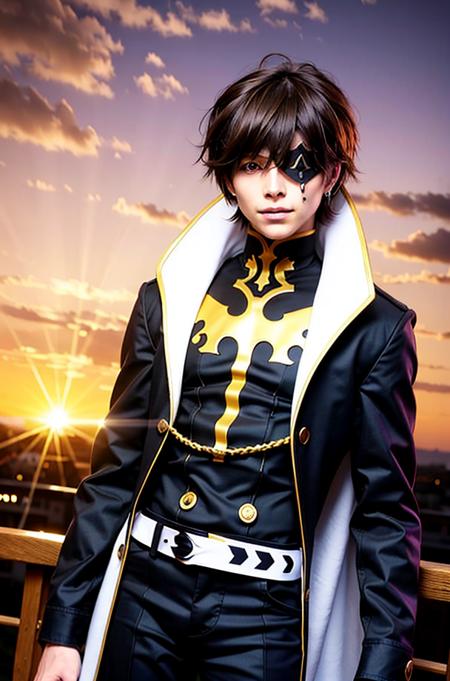 Outdoor,sunset, twilight,, Castle,red_sky,sunlight, sunrise, backlighting,cloud, cloudy_sky,mountainous_horizon, orange_sky,
Standing at attention,(Close-Up),
yellow and black outfit ,black coat,cape ,gloves,Black_Long_pants,
<lora:Julius_Kingsley_Code_geass-KK77-V1:0.7>,lelouch_lamperouge,jewelry,
black_hair,purple_eyes,eyepatch,earrings,short hair, purple light in their eyes ,
1 man, 20yo,male,Beautiful FingerBeautiful body,Beautiful Nose,Beautiful character design, perfect eyes, perfect face,
looking at viewer,evil_smile,
NSFW,official art,extremely detailed CG unity 8k wallpaper, perfect lighting,Colorful, Bright_Front_face_Lighting,
(masterpiece:1.0),(best_quality:1.0), ultra high res,4K,ultra-detailed,
photography, 8K, HDR, highres, absurdres:1.2, Kodak portra 400, film grain, blurry background, bokeh:1.2, lens flare, (vibrant_color:1.2)