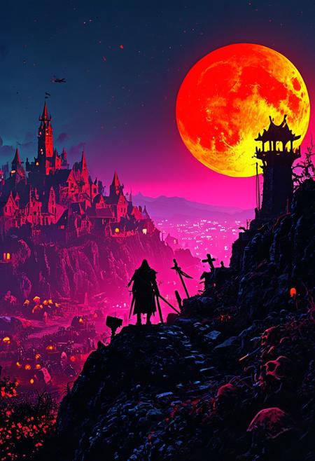 A necromancer standing atop a hill, commanding a legion of undead minions. Below, a small, fortified village prepares for the onslaught, its defenders hastily setting up barricades and readying their weapons under the eerie light of a blood-red moon., 
in the style of hauntingly atmospheric dark fantasy, VHS, horror, 80's horror
,grim landscapes with vibrant exaggerated neon colorful art, 
, old 80's VHS dark fantasy, VHS screen grab, grainy, old footage