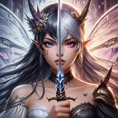 an anime image of a fantasy game Fairy holding sword infront of face, half of the face is Fairy, on other half Witch, fantasy background, digital art, TwoFace Blade, HD, masterpiece, best quality, hyper detailed, ultra detailed,