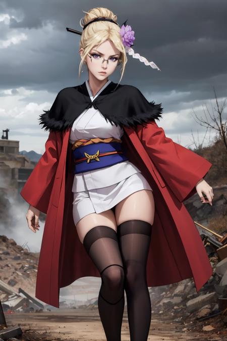 masterpiece, best quality,  <lora:mashiro-nvwls-v1-000009:0.7> mashiro, purple eyes, glasses, single hair bun, hair ornament, hair flower, black capelet, red coat, white kimono, sash, thighhighs, looking at viewer, fighting stance, serious, wasteland, grey sky