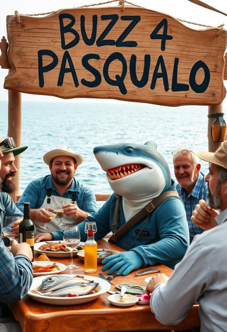 An Italianized humanoid shark named ‘Pasqualo,’ with features blending both shark and human characteristics—sharp teeth, fin-like arms, and a rugged fisherman outfit. Pasqualo is seated at an outdoor dinner table by the seaside, enjoying a lively meal with his fisherman friends. The atmosphere is warm and inviting, with a rustic Mediterranean vibe. Behind them, a large, hand-painted wooden sign reads ‘BUZZ 4 PASQUALO.’ The setting includes fish dishes, bottles of wine, and traditional Italian decor. Pasqualo appears to be laughing and engaged in a hearty conversation, blending seamlessly into this lively, maritime scene.