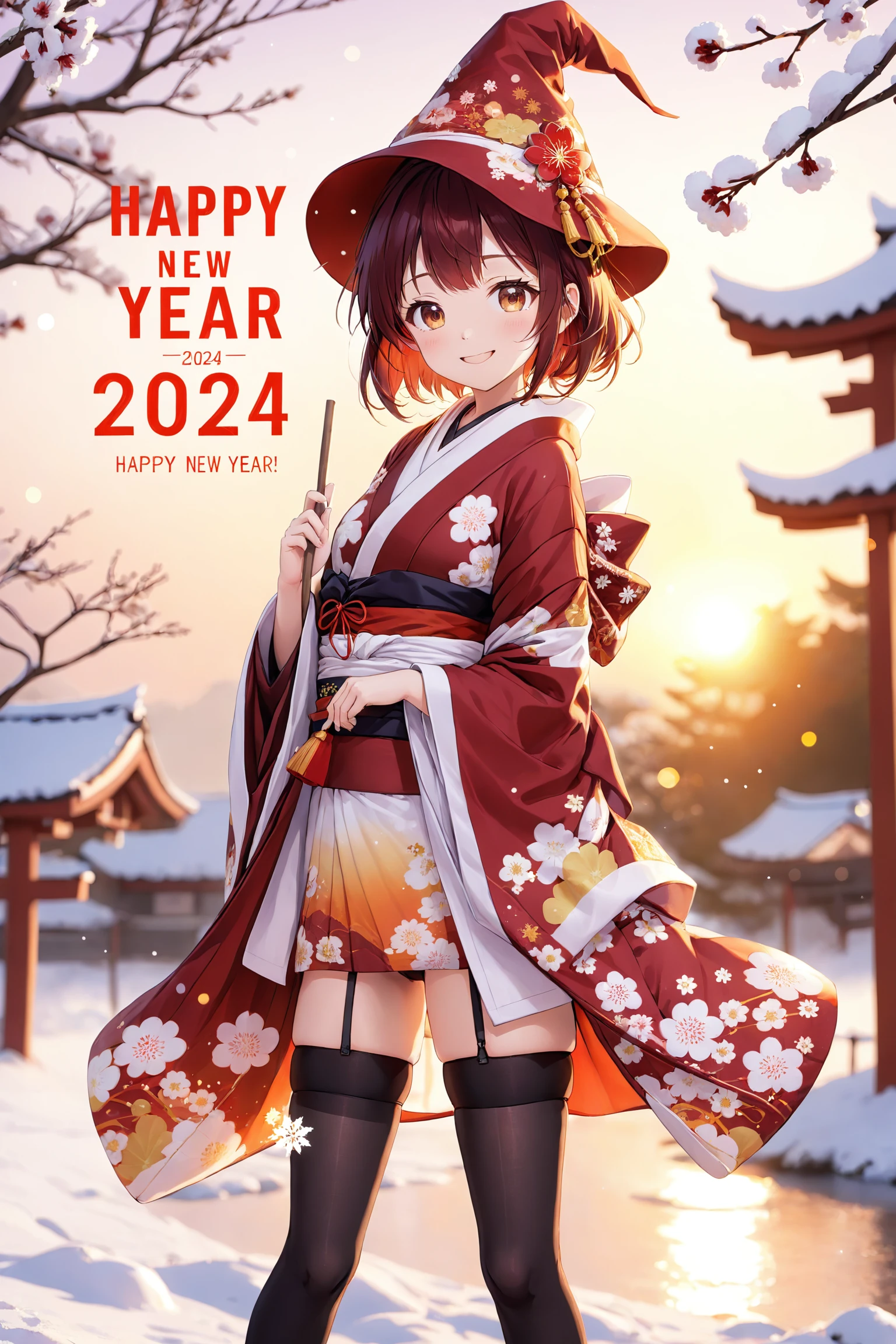 anime, cute girl, wizard hat, kimono, thigh-highs, happy, dynamic pose, "HAPPY NEW YEAR!", 2024, pop font, landscape, sunr...