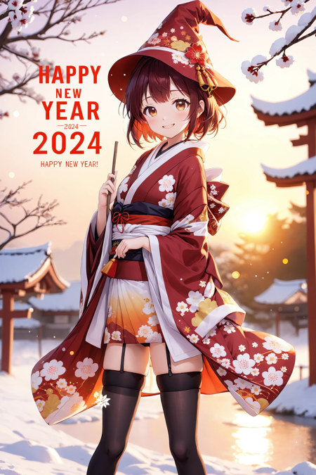 anime, cute girl, wizard hat, kimono, thigh-highs, happy, dynamic pose, "HAPPY NEW YEAR!", 2024, pop font, landscape, sunrise, winter, red tone color, bloom effect, ambient occlusion, Bokeh, depth of field