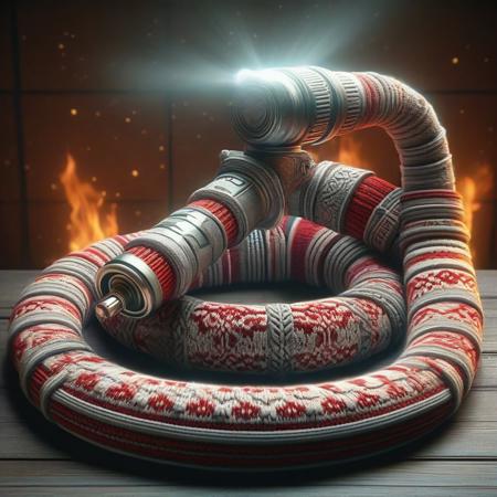 fire hose made of ChristmasSweater, masterpiece, best quality, highly detailed, sharp focus, dynamic lighting ChristmasSweater