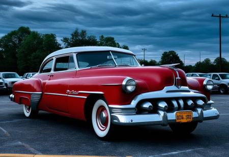 photo of a red Pontiac 1953 car parked in an empty parking lot, evening, cloudy, extremely detailed