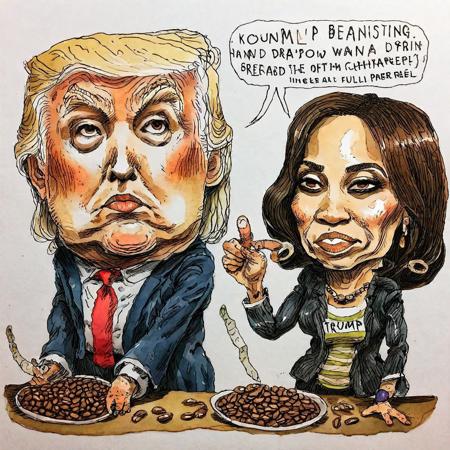 (extremely rough:1.5) (hand drawn:1.5) ink and color  (sketch:1.5) of Donald Trump and Kamala Harris counting and dividing beans, caricature  in cuneo style, (full character:1.4),   (irregular lines:1.5), complete outfit, candid pose,  extremely detailed, (surreal:1.5), paper texture background
