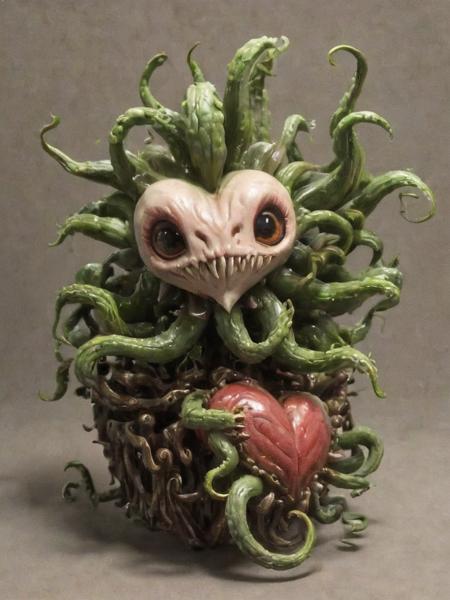 a morbol plant holding a heart-shaped box, the box is filled with tentacles and poison, composition, deep shadow, sub-surface scattering, <lora:- SDXL -_ff_morbol_V1.0:.8>