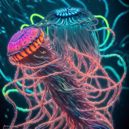 ((a surreal artwork of a Cyanea capillata jellyfish)),((neon colours on Cyanea capillata)),((Ocean background)),((real jellyfish)),((surreal)),((artwork)),((very detailed)),((HD)),((realistic picture)),((Tumblr inspired)),((BIOLUMINESCENT))