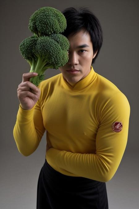 The image is a 3D rendering of a Bruce Lee made up of broccoli. He is in a fighting stance, with his arms stretched out to the sides and his legs bent at the knees. He is holding a bunch of broccoli in his right hand and his left hand is pointing towards the right side of the image. The broccoli is a bright green color and appears to be fresh and healthy. The background is a matte gradient of colorful gray, making him and the broccoli stand out.