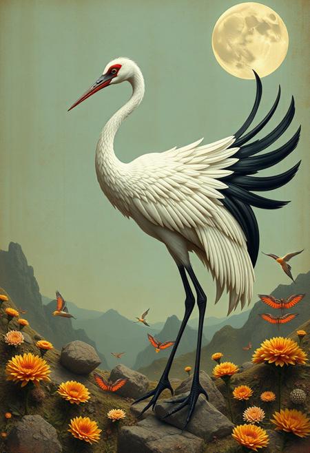A graceful crane with flowing tail feathers, surrealism, symbolic transformation, retro-futurism, conceptual dreamscapes, psychedelic color palette, visual metaphor, uncanny objects, architectural fantasy, cosmic surrealism, intricate detailing, subconscious themes, otherworldly flora, poetic absurdity, luminous textures, surreal structures, metamorphic landscapes, abstract storytelling, psychological symbolism, tactile materials, mystical science fiction