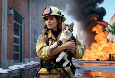 Ultra-detailed [Fujifilm XT 100v] 50mm lens Raw colors photography of a [Gorgeous girl firefighter] outside a burning building, rescuing a kitten, lots of water pouring, ultra realistic masterpiece by Alyssa Monks, high clarity, realistic shading, gradient shadows, volumetric dynamic particles, soft macros, light hue, atmospheric reflections, natural reflexive lighting, cinematic lights, trending at artstation, ray tracing lighting, professional color grade, subsurface scattering, sharp features, gigapixel, 32K, UHD, Style Raw, ultra hd, realistic, vivid colors, highly detailed, UHD drawing, pen and ink, perfect composition, beautiful detailed intricate insanely detailed octane render trending on artstation, 8k artistic photography, photorealistic concept art, soft natural volumetric cinematic perfect light