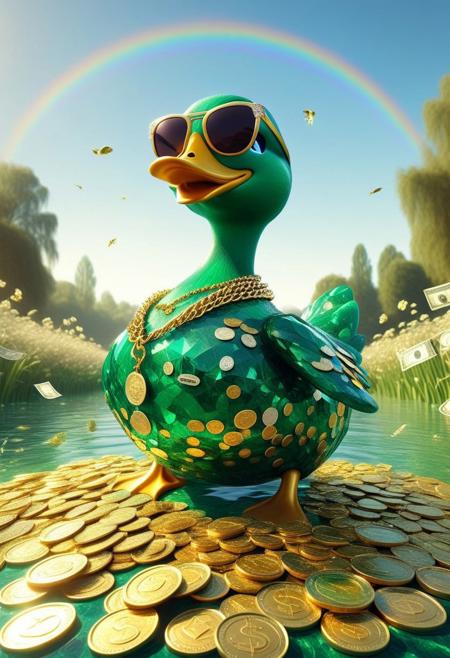 emeraldmorph,cartoon-style scene of a fabulously wealthy duck,  field filled with fluttering dollar bills, wearing a lavish bling-bling gold chain, sunglasses, looking relaxed. Oversized coins, flowers swaying in the breeze. Bright, sunny, with a rainbow arching overhead, adding to the whimsical and extravagant atmosphere of this rich duck's dreamland, lake of golden coins, falls of gold coins instead of water,
[style of greg rutkowski,janek sedlar,jenny saville:0]  <lora:vivid_everclear:0.35>  <lora:Sinozick:0.35>  <lora:MJ52:0.35>