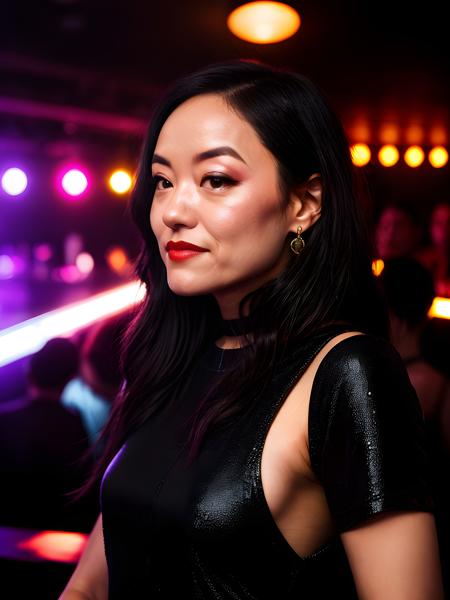 close-up portrait photo of ( 4ndr34B4ng_V1-Emb , woman, (black hair)++ , ), (nightclub, crowd in the background)++, 8k uhd, high quality, dramatic, bokeh