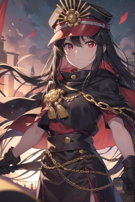 odanobunaga, <lora:odanobunaga-lora-nochekaiser:1>, 
oda nobunaga, black hair, long hair, (red eyes:1.5),
BREAK chain, cloak, family crest, gloves, grey gloves, hat, military, military hat, military uniform, peaked cap, uniform,
BREAK looking at viewer,
BREAK outdoors,
BREAK <lyco:GoodHands-beta2:1>, (masterpiece:1.2), best quality, high resolution, unity 8k wallpaper, (illustration:0.8), (beautiful detailed eyes:1.6), extremely detailed face, perfect lighting, extremely detailed CG, (perfect hands, perfect anatomy),