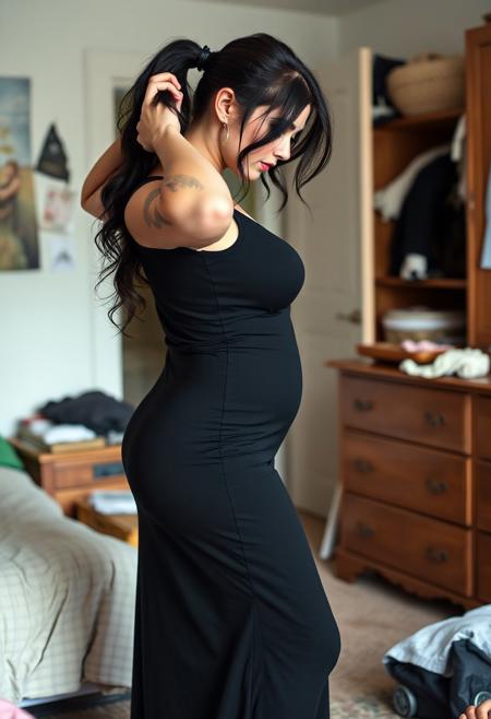 a (fully clothed:1.4) 26 year old white girl standing in a (messy bedroom:1.4) and looking down at floor while she puts her hair in a pony tail
wearing a long form fitting (black maxi dress:1.4) which accentuates her body
girl is 5'9" tall with a natural thick body and is slightly overweight, with pale skin, dully wavy dark black hair with, small boobs, slim waist, wide hips, thick thighs, naturally big butt
has on black eye shadow, black eye liner, and long fake eyelashes
side angle pov capturing the right side of the girl