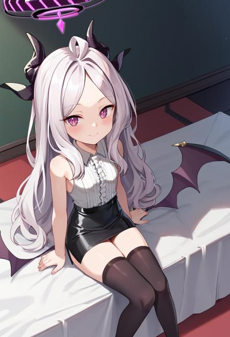 hina-dress, hina \(blue archive\),purple eyes, white hair,ponytail,(horns:1.2),hair ribbon,low wings,halo,frilled dress,elbow gloves,pantyhose,purple footwear,high heels