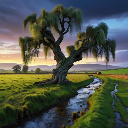 stream through a scrubby farm field, gnarled willow tree, high quality, masterpiece, digital painting, dusk, landscape, rural ireland, night