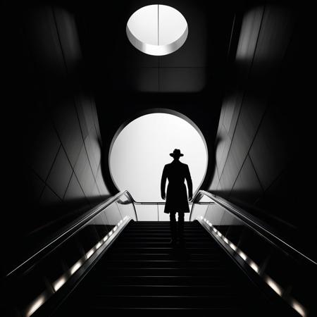 Ultra realistic black and white pencil  image of
A black and white photograph of a silhouette of a person wearing a hat, riding up an escalator in a dark, modern interior. The lighting is dramatic, casting strong contrasts and emphasizing the shape of the person against the illuminated circular architectural feature in the background. The overall mood is mysterious and atmospheric.(Seen from the side)
BREAK
Dark theme, dynamic lighting, (soft shadows), (soft focus), (photo realistic), uhd, 8k