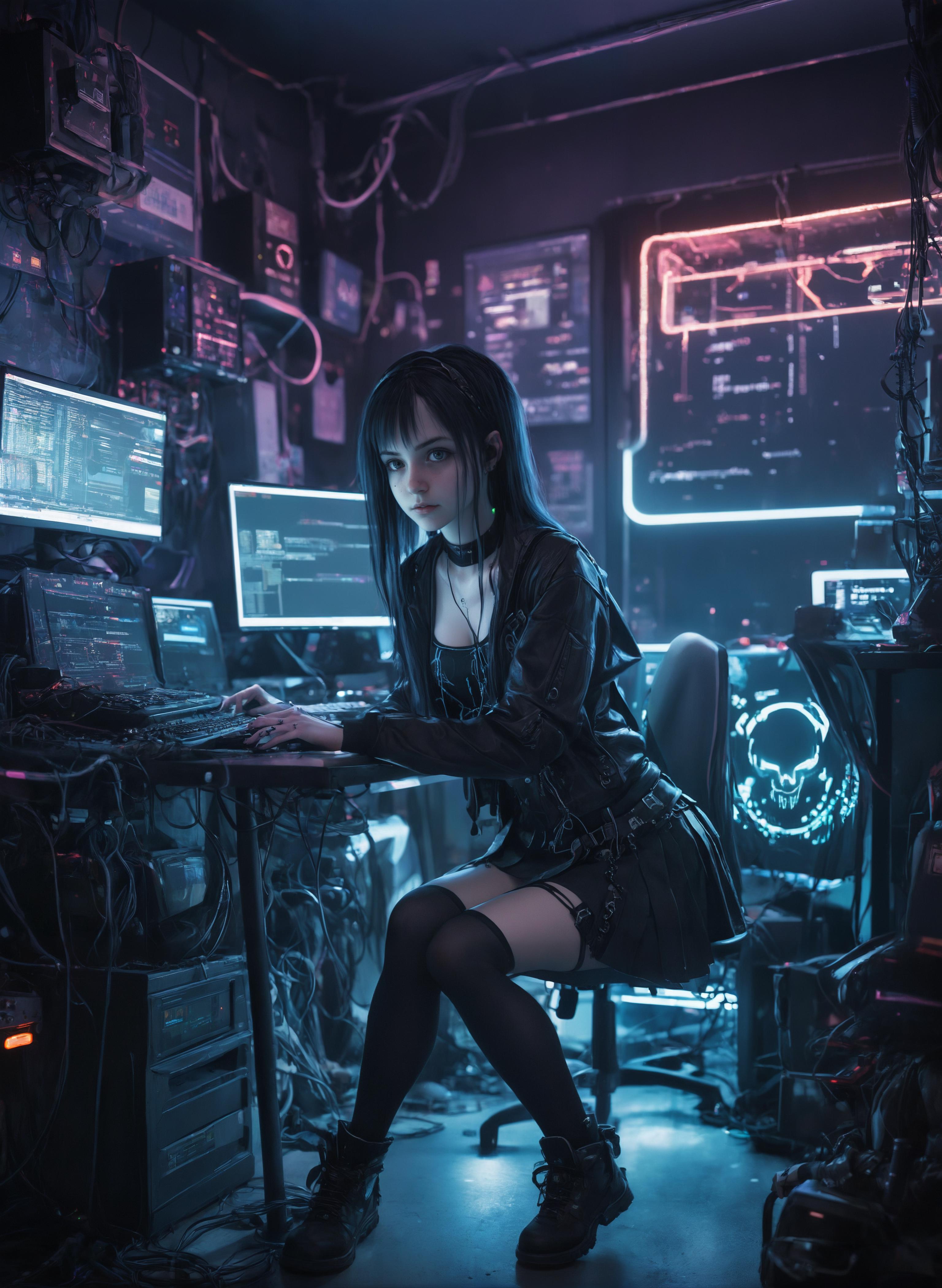 A woman in a black outfit sitting at a computer desk with multiple monitors.